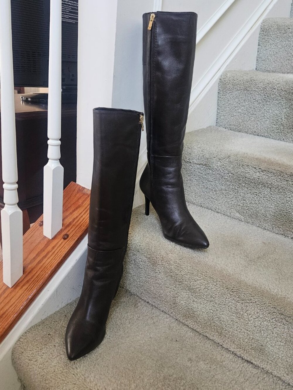 CALVIN KLEIN Karon Dark Brown Genuine Leather Knee-High High-Heel Boots Sz 8